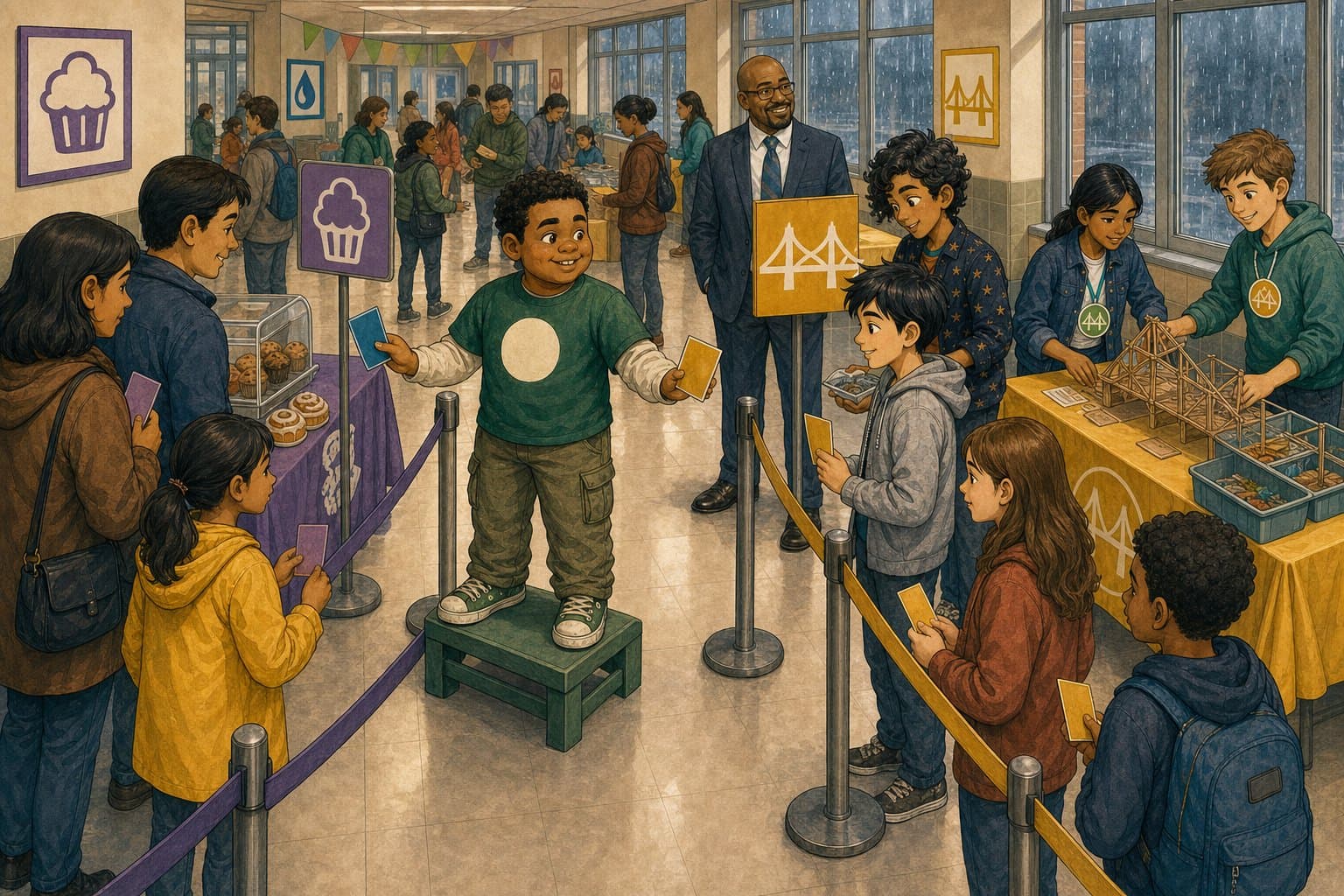 Ben Torres confidently directing visitors at a busy indoor school fair while the rest of the crew works nearby