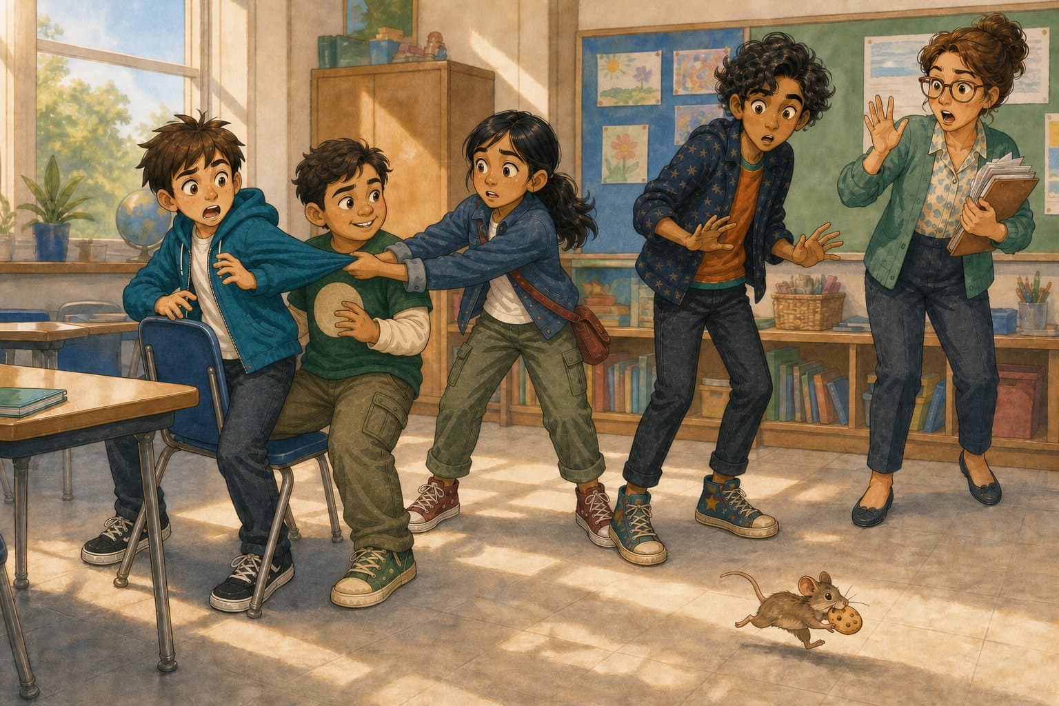 Captain Nibbles escaping across the classroom floor with a cookie while Sam, Ben, Mia, Omar, and Mrs Green react