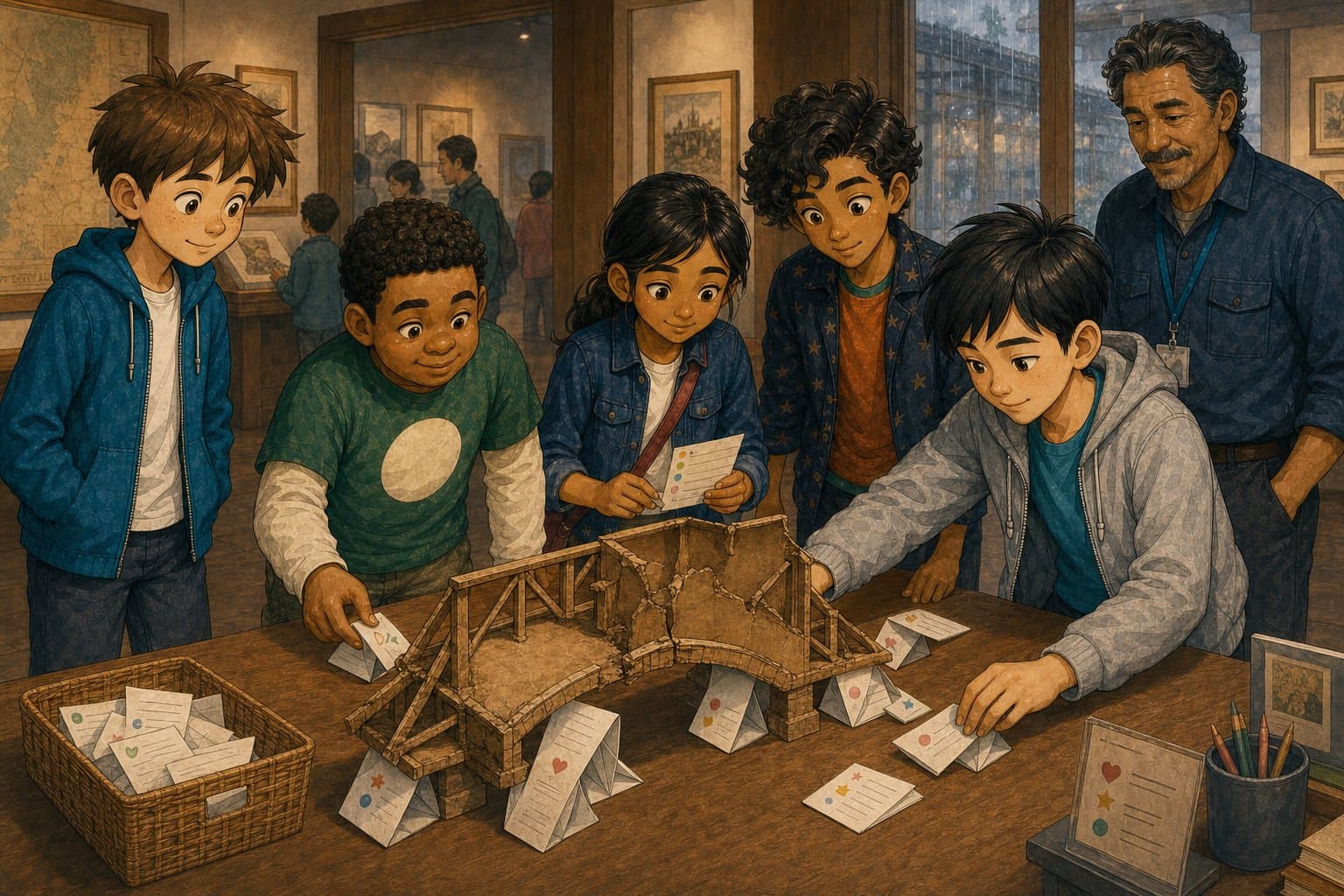 Leo Park arranging message cards around a bridge model while Sam, Ben, Mia, Omar, and a museum guide watch his idea take shape
