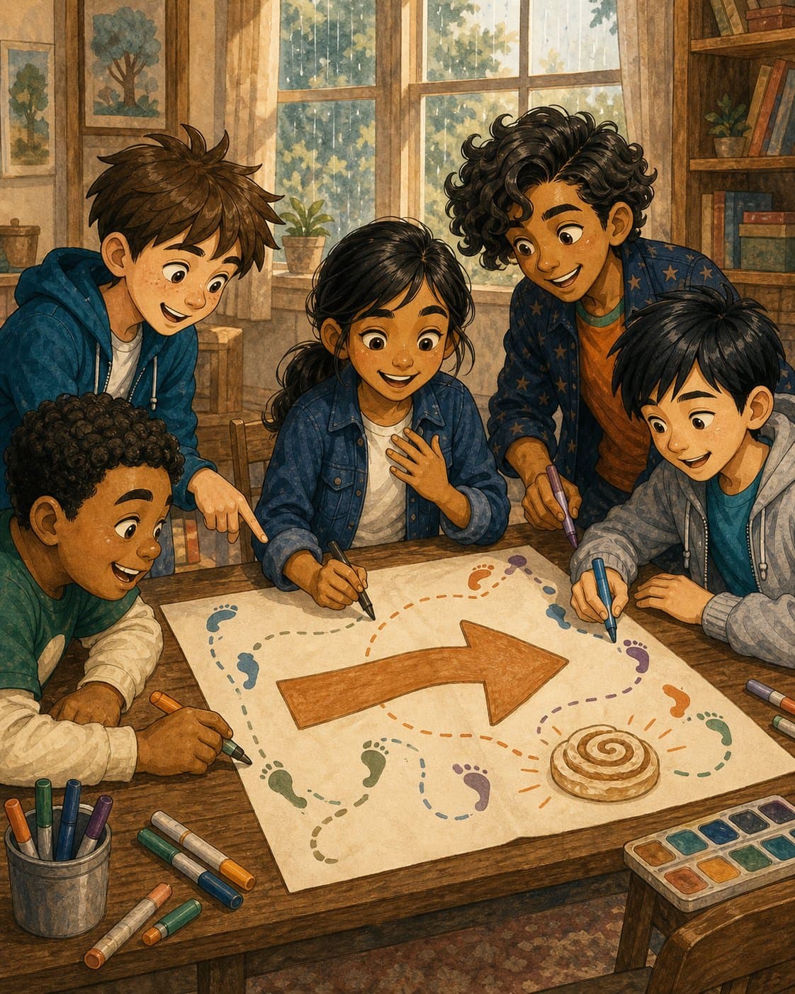 Mia Patel drawing an imperfect arrow poster with Sam, Ben, Omar, and Leo gathered around the table