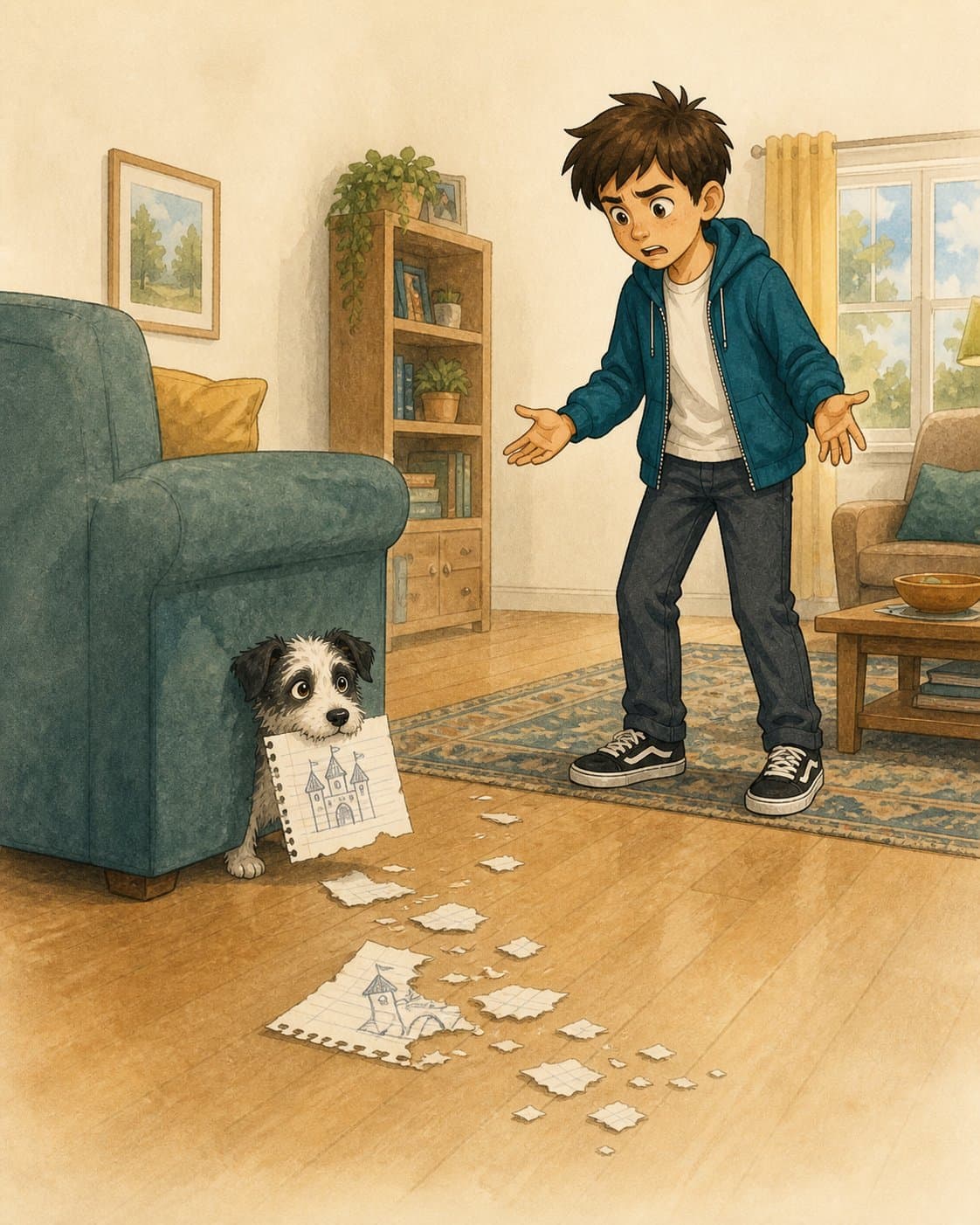 Pickles holding a torn drawing while Sam reacts to the trail of paper pieces across the living room