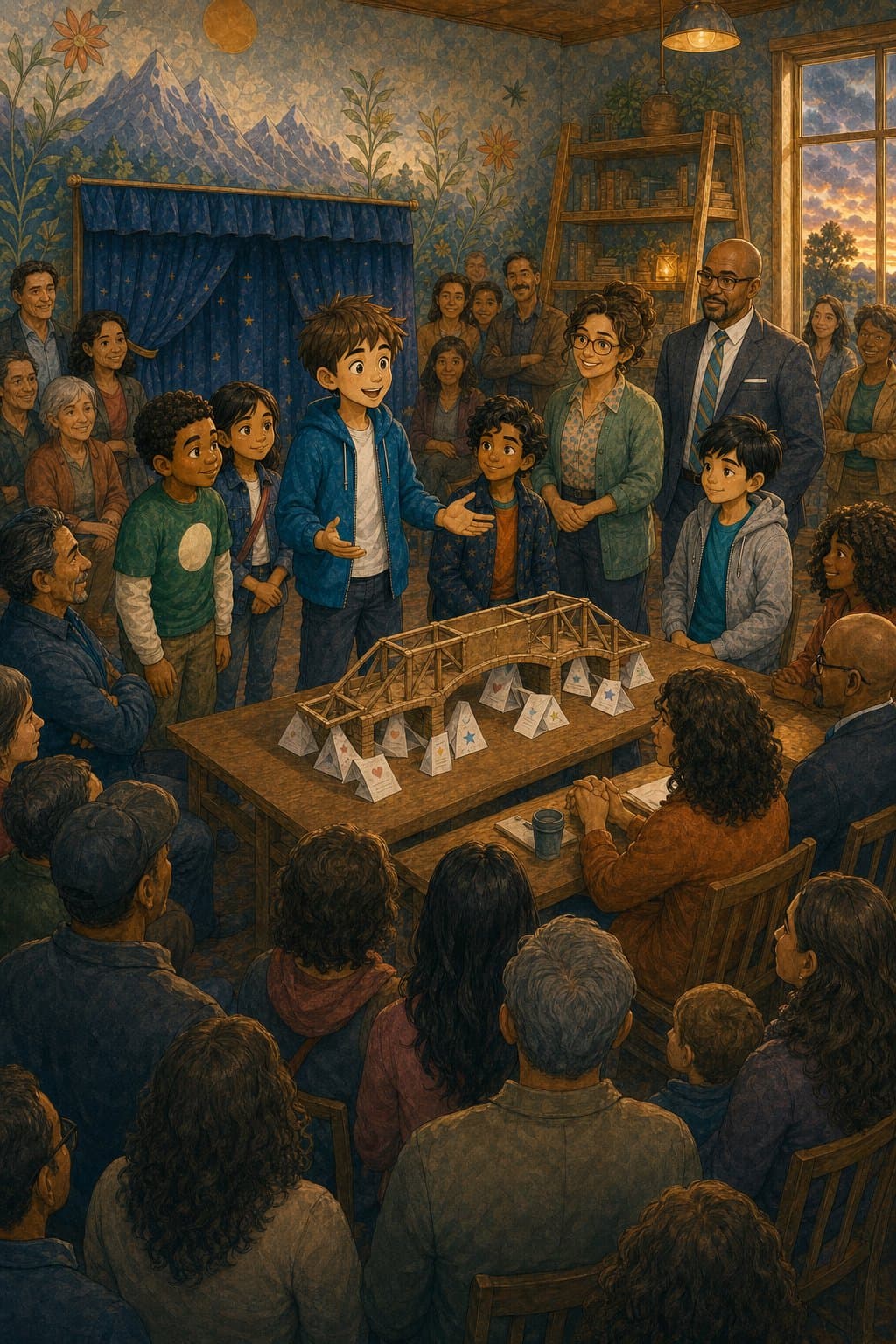Sam Carter speaking without notes while Ben, Mia, Omar, Leo, their families, and teachers listen around the finished bridge model