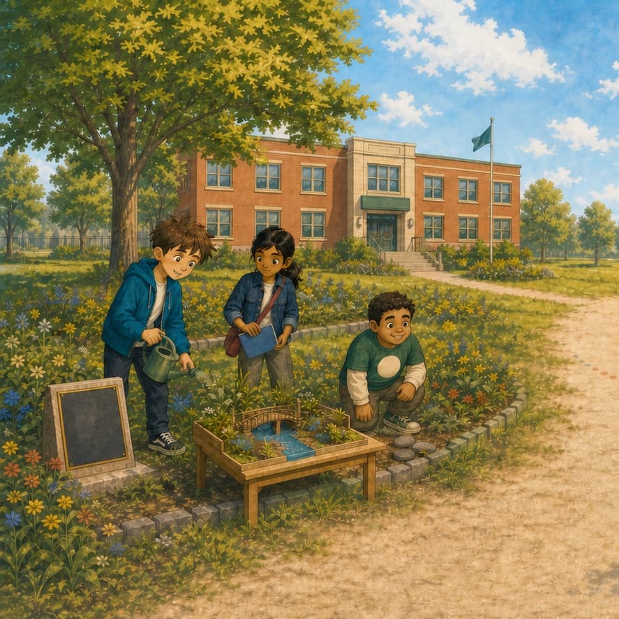 An illustrated scene of children working together in the school garden from Ali Babaee’s book The Very Bad Plan.