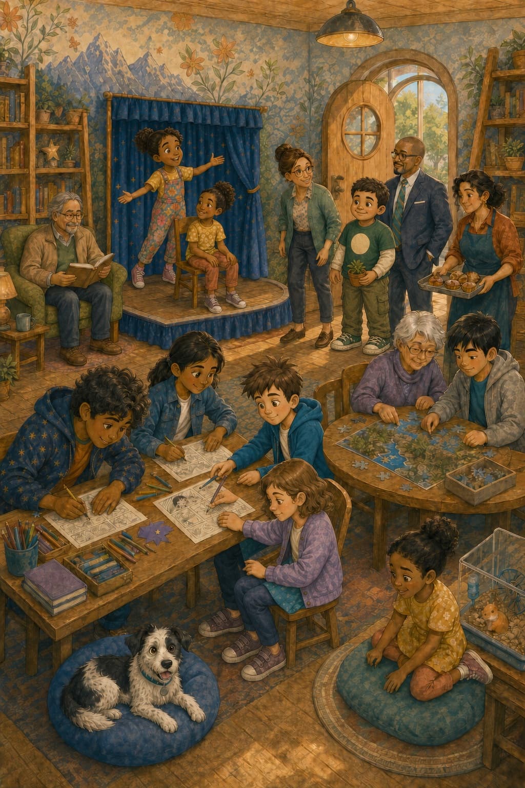 The characters in The Very Bad Plan celebrating a shared school project in the completed Story Lab.