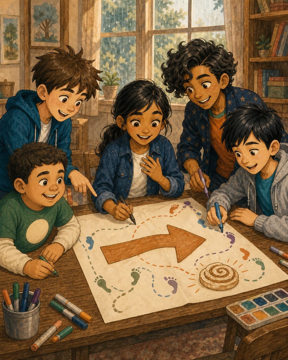 Sam and four friends making a colorful poster together in The Very Bad Plan.
