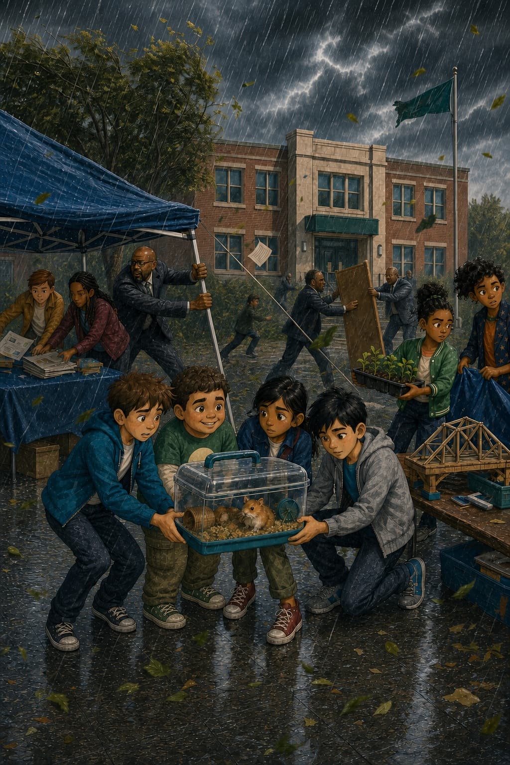 The five friends protecting their school project as rain changes their carefully prepared plan.